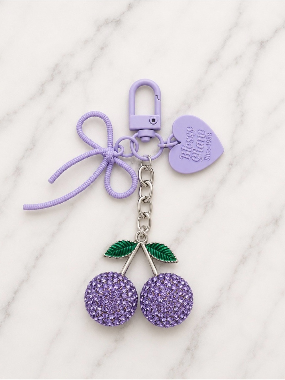 Bag Charm/Keyring-Purple Rhinestone Cherry Charm with Bow & Heart